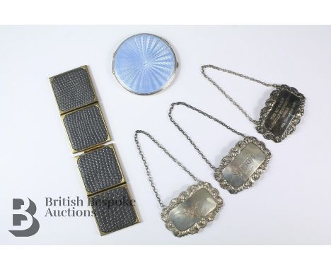 Miscellaneous silver, this lot includes blue enamel and silver compact, two silver liquor labels, (Sherry, Port).&nbsp;