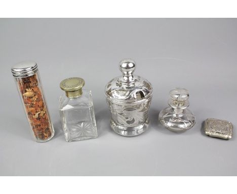 Four Vanity Jars. This lot including a silver overlay scent bottle approx 6.5 cms h, silver overlay jar and cover approx 12 c