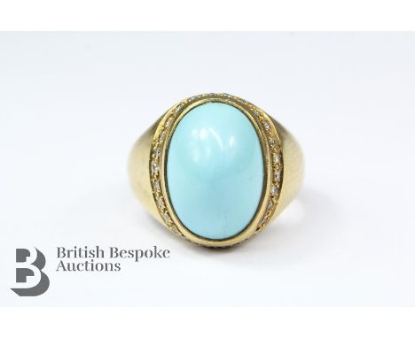 Bespoke Theo Fennell 18ct yellow gold turquoise and diamond ring, the ring set with a beehive cabochon approx 14 x 10mm and s