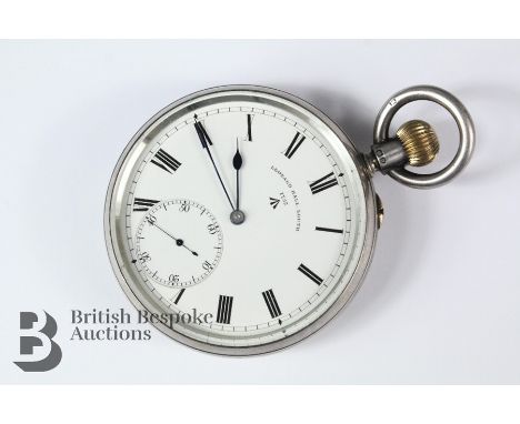 Leonard Hall silver self-wind open faced pocket watch, white enamel face, Roman hour dial with blued hands, case stamped Lond