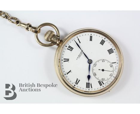 J.W.Benson 9ct open face self wind pocket watch, having a white enamel face with Roman numerals and minute dial, blued hands,