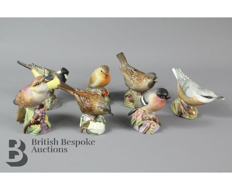 Seven Royal Worcester bone china woodland and garden birds; including Robin no 3197, Bullfinch no 3238, Sparrow no 3236, Hedg