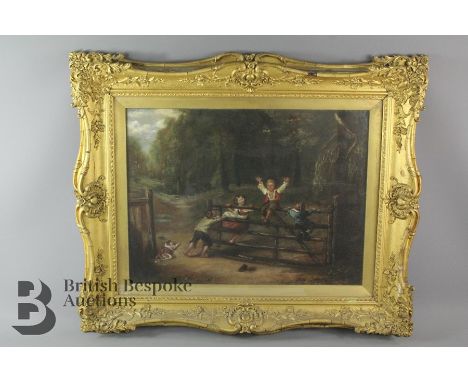 Oil on canvas, late 19th century, depicting 'children playing on a gate', approx 58 w x 48 h cms, gilt frame, the painting ha