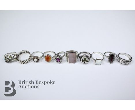 Ten silver rings, including Irish shamrock Dublin hallmark, dated 1985, mm TJH size N, garnet and opal ring Birmingham hallma