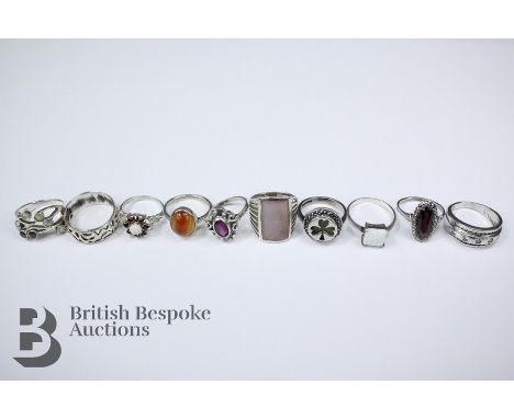 Ten silver rings, including Irish shamrock Dublin hallmark, dated 1985, mm TJH size N, garnet and opal ring Birmingham hallma