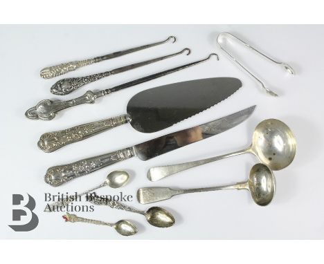 Silver handled wedding day cake knife and slice together with six silver-handled button hooks, Georgian silver sauce ladle Lo