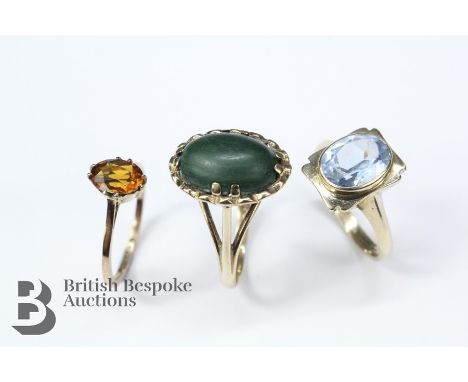 Three 9ct yellow gold rings, including blue topaz ring, Birmingham hallmark dated 1966 mm W &amp; G size O (wear to stone sur