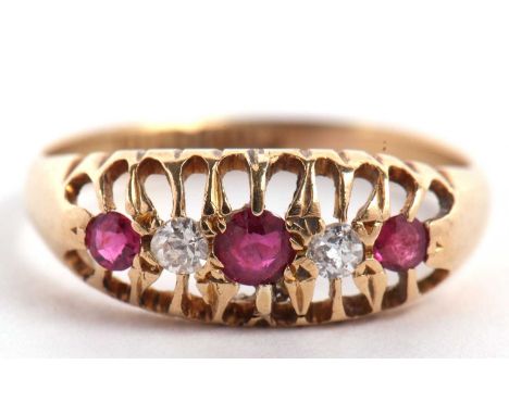 An 18ct five stone ruby and diamond ring, hallmarked Brimingham 1938, size M, 2.2g