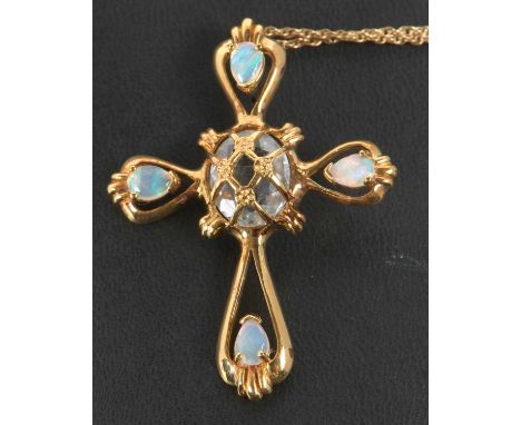 A 14ct opal and gemset cross pendant, the centre set with a pale blue gemstone with a crossover cage style mount, with a pear