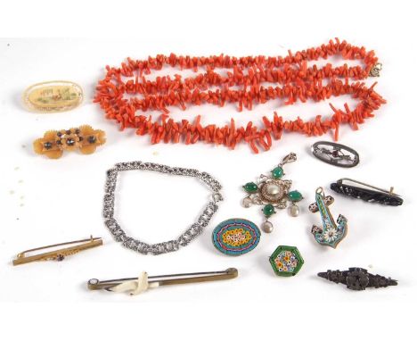 A quantity of vintage jewellery to include a split and seed pearl and green glass scarab pendant, 58mm long, a coral branch n