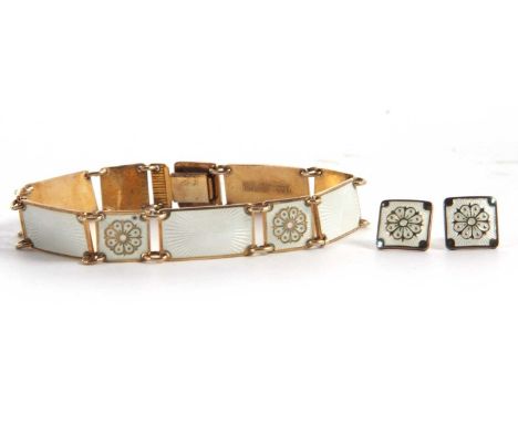 A silver gilt and enamel bracelet and matching earrings by David Anderson, Norway, the bracelet with alternating rectangular 