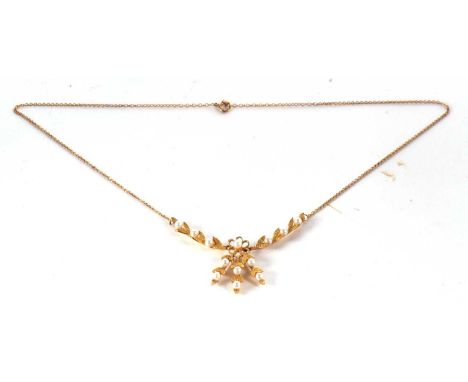 A 9ct cultured pearl necklace, the central rosette set with a cultured pearl, suspending three sprigs set with cultured pearl