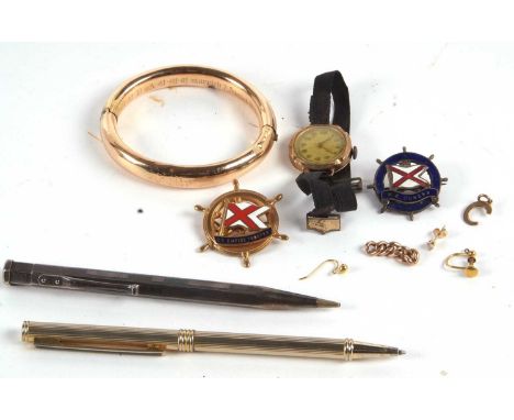 A mixed group of jewellery to include a lady's 9ct cased wristwatch, an S.S. Empire Trooper badge, and M.S. Dunera badge, a r