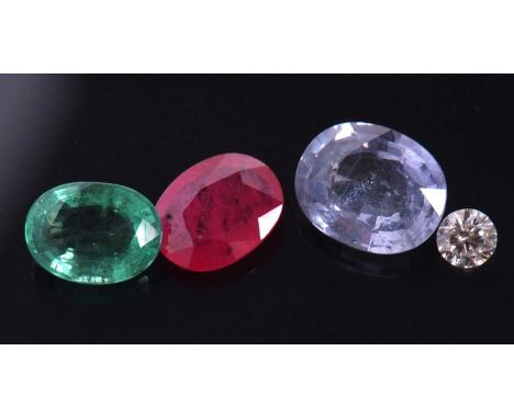 Four loose gemstones to include a round brilliant cut diamond, estimated approx. 0.23cts together with an oval sapphire, an o