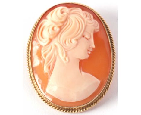 A 9ct mounted shell cameo brooch, the oval shell cameo carved with a portrait of a lady, collet mounted with rope twist borde