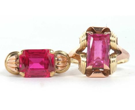 Two synthetic ruby rings, the first a pink rectangular mixed cut synthetic ruby in an Odeonesque mount with split shoulders a