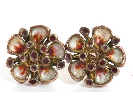 A pair of silver gilt floral earstuds by David Anderson, Norway, the round polychrome enamel floral studs, 14mm wide, stamped
