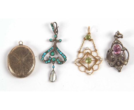 Mixed lot: a 9ct peridot and seed pearl pendant, 4cm long, 1.6g, a silver, turquoise and blister pearl pendant, 5cm long, 2.9