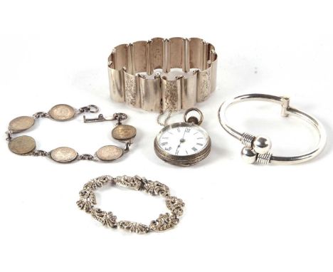 A quantity of silver and other jewellery to include a late 19th century bracelet with alternating engraved and plain rectangu