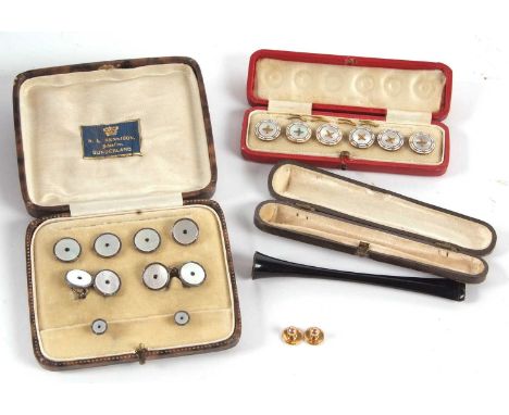 Gentleman's dress sets, to include a cased set of six mother of pearl and white enamel buttons, a cased set of mother of pear