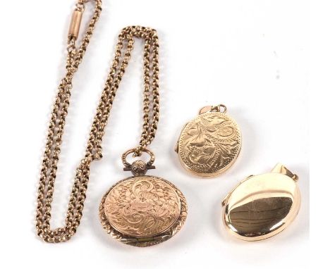 Three 9ct gold lockets, the first a round locket with bright cut engraved decoration, hallmarked Chester 1938, 2.5cm diameter