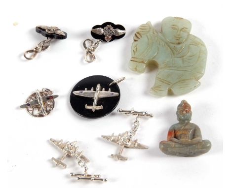 A pair of airplane cufflinks and a matching pendant, indistinctly stamped 925, together with a pair of RAF cufflinks and a si