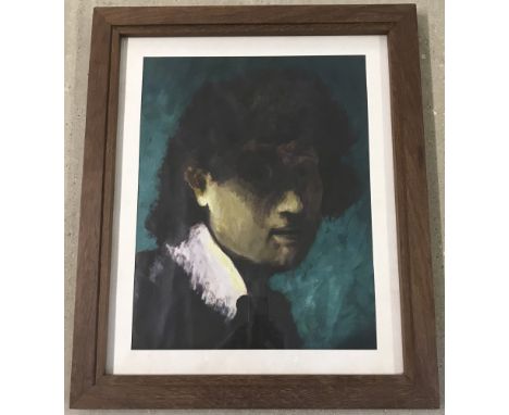 Modern acrylic portrait. Framed & glazed. Painting approx 40cm x 52cm.