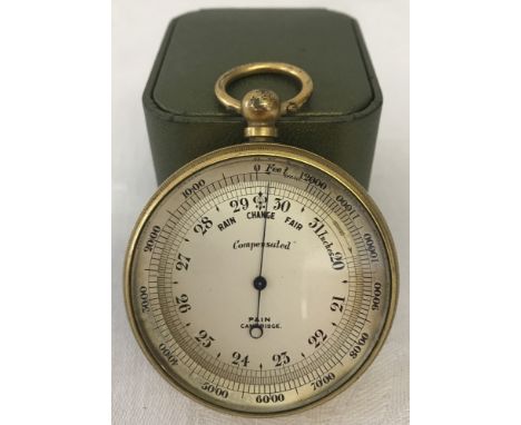 Lacquered brass pocket barometer altimeter c.1920's. Dial marked 'Compensated' Pain, Cambridge. Approx 5cm diameter.