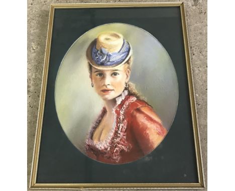 Peter Welch - (c20th East Anglian wildlife artist) - Pastel - Oval portrait of a Victorian girl. Framed & glazed. 32 x 25cm.