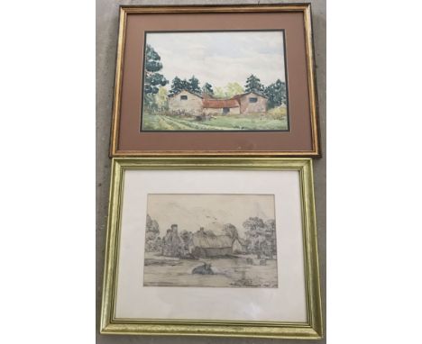 2 framed & glazed pictures by Anthony Beaumont. A watercolour of farm building date 1939 and a pencil sketch of farm building