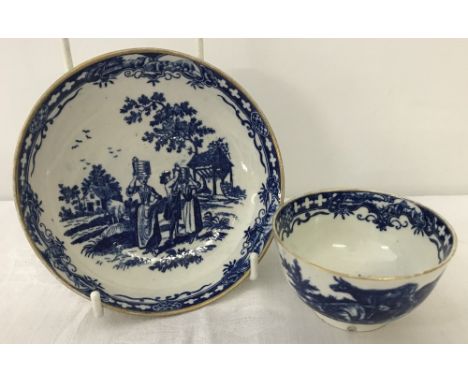 18th century Worcester tea bowl & saucer. Blue & white Milkmaid pattern, c1780. 