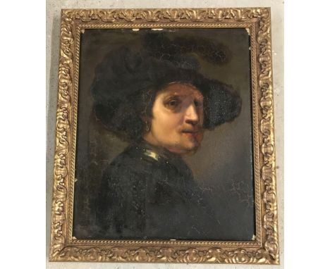 After Rembrandt - 19th century oil on canvas. Portrait of a soldier in a hat. A/f. 55 x 45cm.