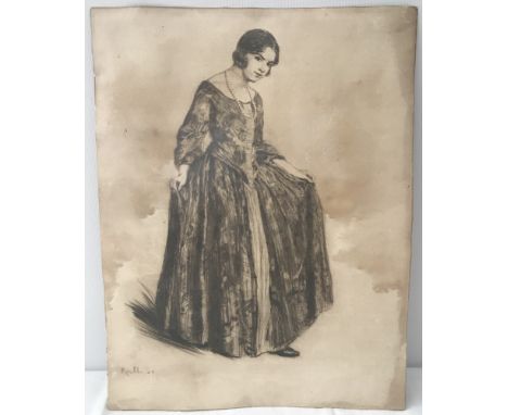 Hendrik Maarten Krabbe, Dutch artist (1868-1931) ink sketch of a girl ready for the ball. Dated '24 to lower left. Approx. 34