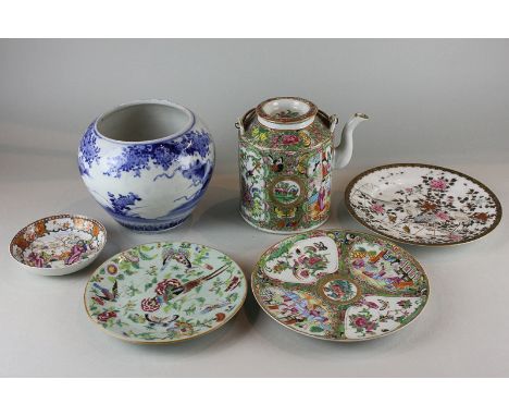 A Cantonese porcelain teapot decorated in bright enamel colours, together with a Chinese blue and white porcelain bowl, a Can