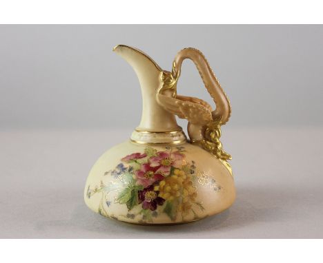 A Royal Worcester blush ivory porcelain jug with hand painted flowers, gilt enrichment and dragon handle, shape No 1048, 11cm