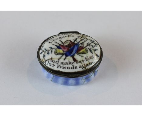 An 18th/19th century Bilston enamel patch box with verse to lid 'May British valour conquests gain, and make our foes our fri