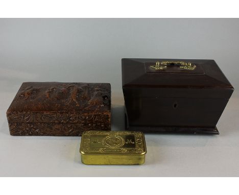 A Christmas 1914 troops brass cigarette box, a mahogany tea caddy and a box