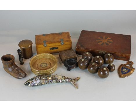 Wooden carpet bowls and jack, two wooden boxes, a mother of pearl articulated fish, a wooden shoe and other items