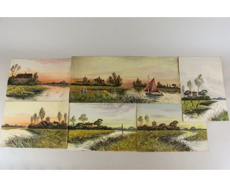 A collection of ten late 19th/early 20th century unframed watercolours, landscapes with churches, twilight scenes, river bank