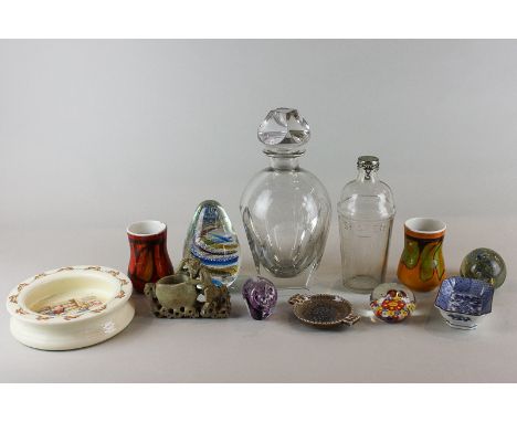 A Bunnykins child's bowl, a glass decanter, two glass paperweights, a glass doorstop, two Poole small vases, Wade ER coronati