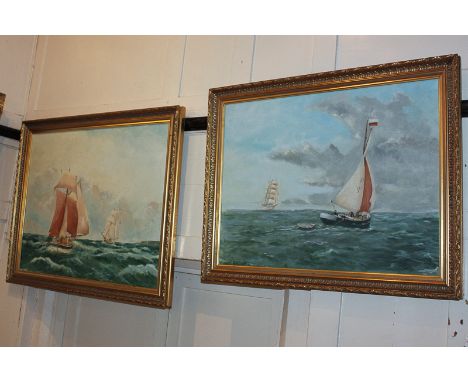 M Bickford, 20th century sailing ships and boats at sea, oils on canvas (3), and a print HMS Indefatigable in Carrick Roads, 