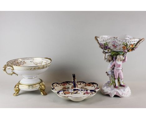 A Japanese Noritake porcelain bowl on stand, with gilt flower decoration and two side handles, together with a continental po