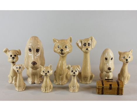 Sylvac, nine various seated dog and cat ornaments, tallest 17cm, and a Wade porcelain chest pin box