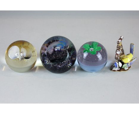 Three Caithness glass paperweights, Wise Owl, Northern Lights, Pop Flower - green, together an Aurora Hidden Treasures orname