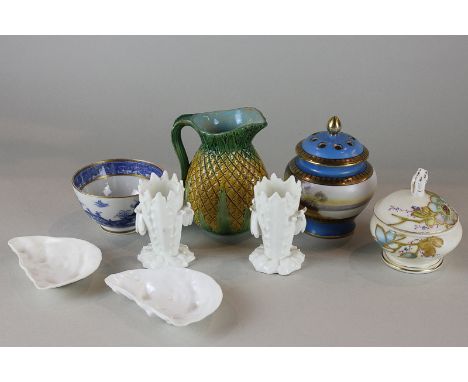 A Japanese Noritake porcelain pot pourri jar, an 18th century blue and white tea bowl, a Victorian 'sweet corn' jug, pair of 