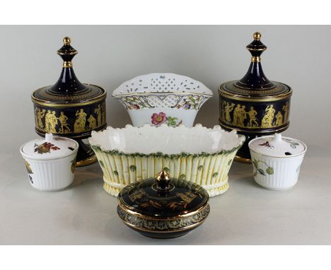 A pair of Regency style circular pots and covers with gilt classical figure decoration, another matching pot and cover, an as