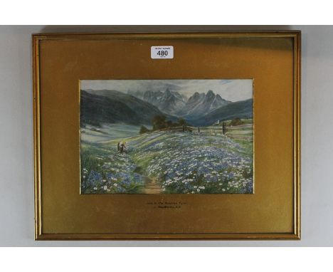 J MacWhirter RA, mountain landscape with woman gathering flowers, print, mount inscribed 'June in the Austrian Tyrol', 20cm b