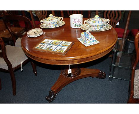 A Victorian mahogany circular dining table with tilting top on turned tapered column and flat tripod base with scroll feet, 1