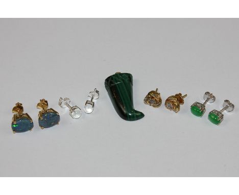 A pair of diamond ear studs; opal ear studs, jade ear studs and a pendant