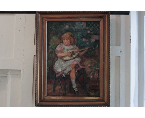 E R White (early 20th century) portrait of a girl with mandolin, oil on canvas, reverse with label inscribed 'What shall I pl